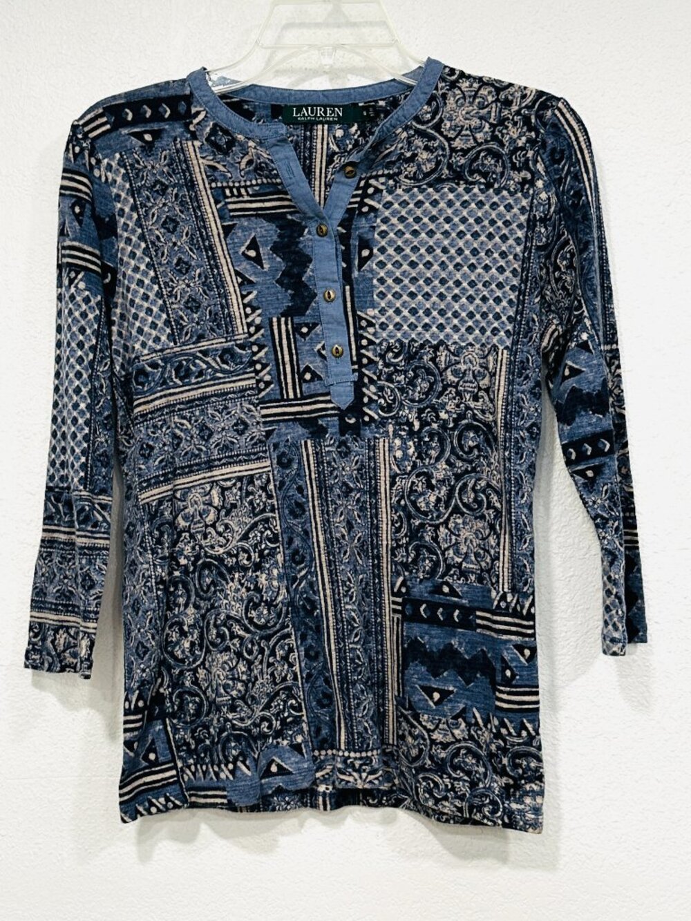 Lauren Ralph Lauren Boho Top 1/2 Button Front Blue MultiColor Cotton Size Small